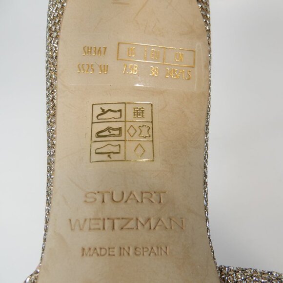 STUART WEITZMAN Soiree Shimmer Stiletto Heel Sandals Size 7.5 Platinum Gold $425 - Picture 15 of 15
